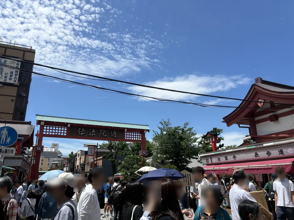 The red entrance gate of 伝法院通 (Denboin-dori) spanning the shopping street in Asakusa with festival crowds below, the Senso-ji pagoda roof visible to the right a
