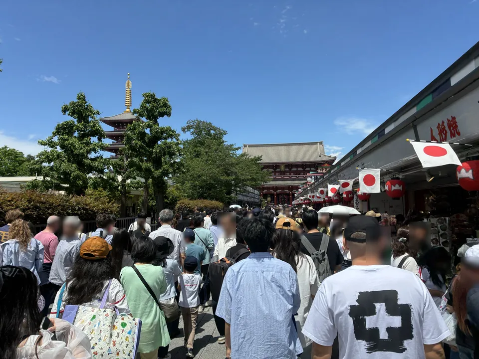 Festival crowds on Nakamise-dori with Senso-ji's five-story pagoda and Hozomon Gate visible ahead, Japanese national flags and red lanterns decorating the souve